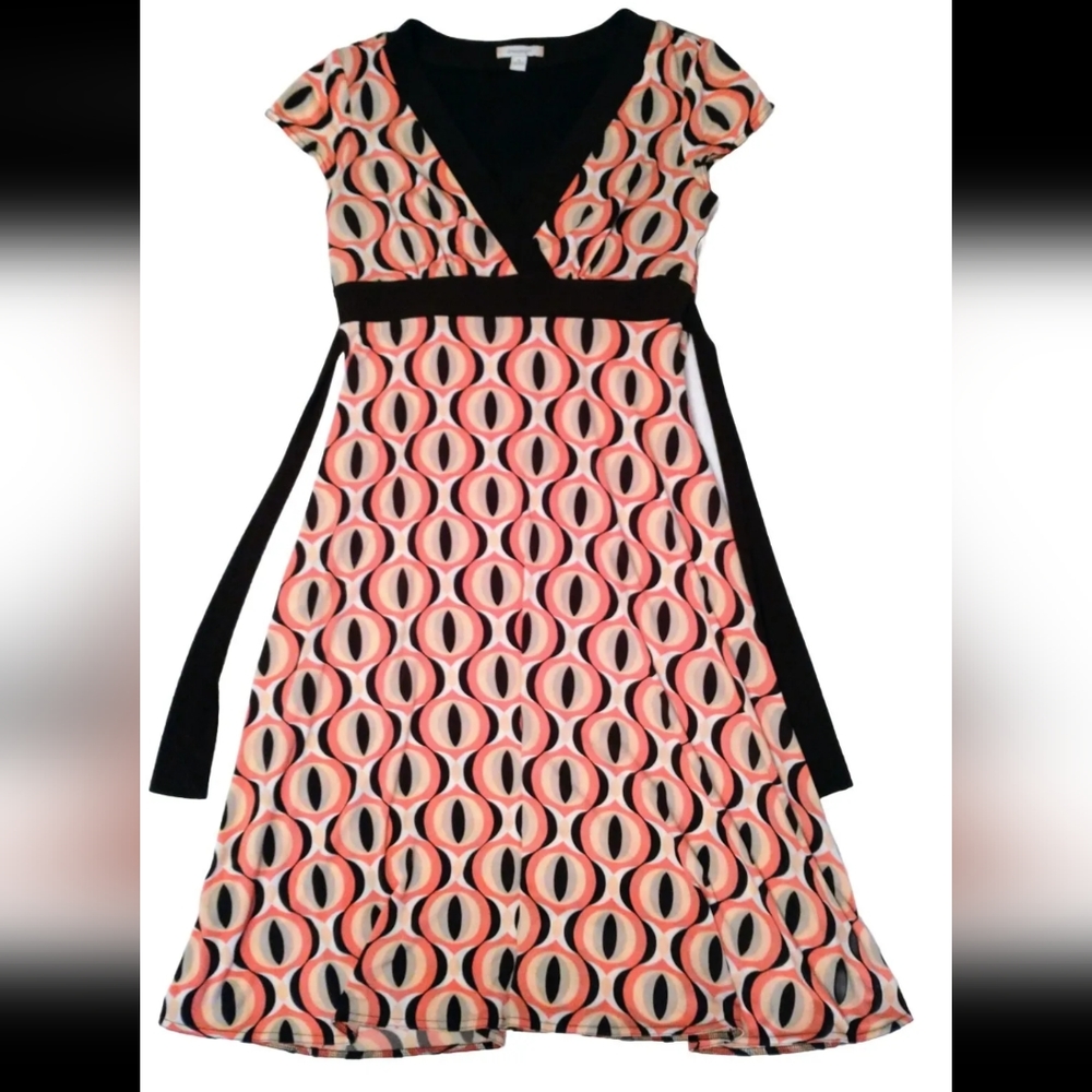 Dressbarn Midi Retro Dress Groovy Boho Pattern Peasant Size 8 Cap Sleeve Tie